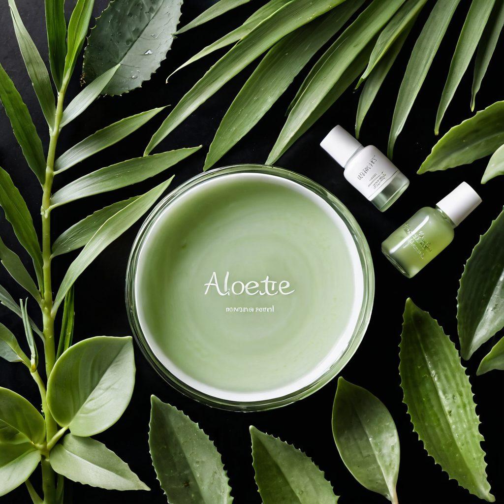 A serene nature scene featuring lush green plants intertwined with elegant, eco-friendly beauty products from Aloette. Gentle sunlight filters through the leaves, highlighting the organic ingredients like aloe vera and herbs. A soft, earthy color palette evokes tranquility and sophistication, with a touch of luxury. Include delicate, flowing water to signify purity and freshness. super-realistic. vibrant colors. soft focus.