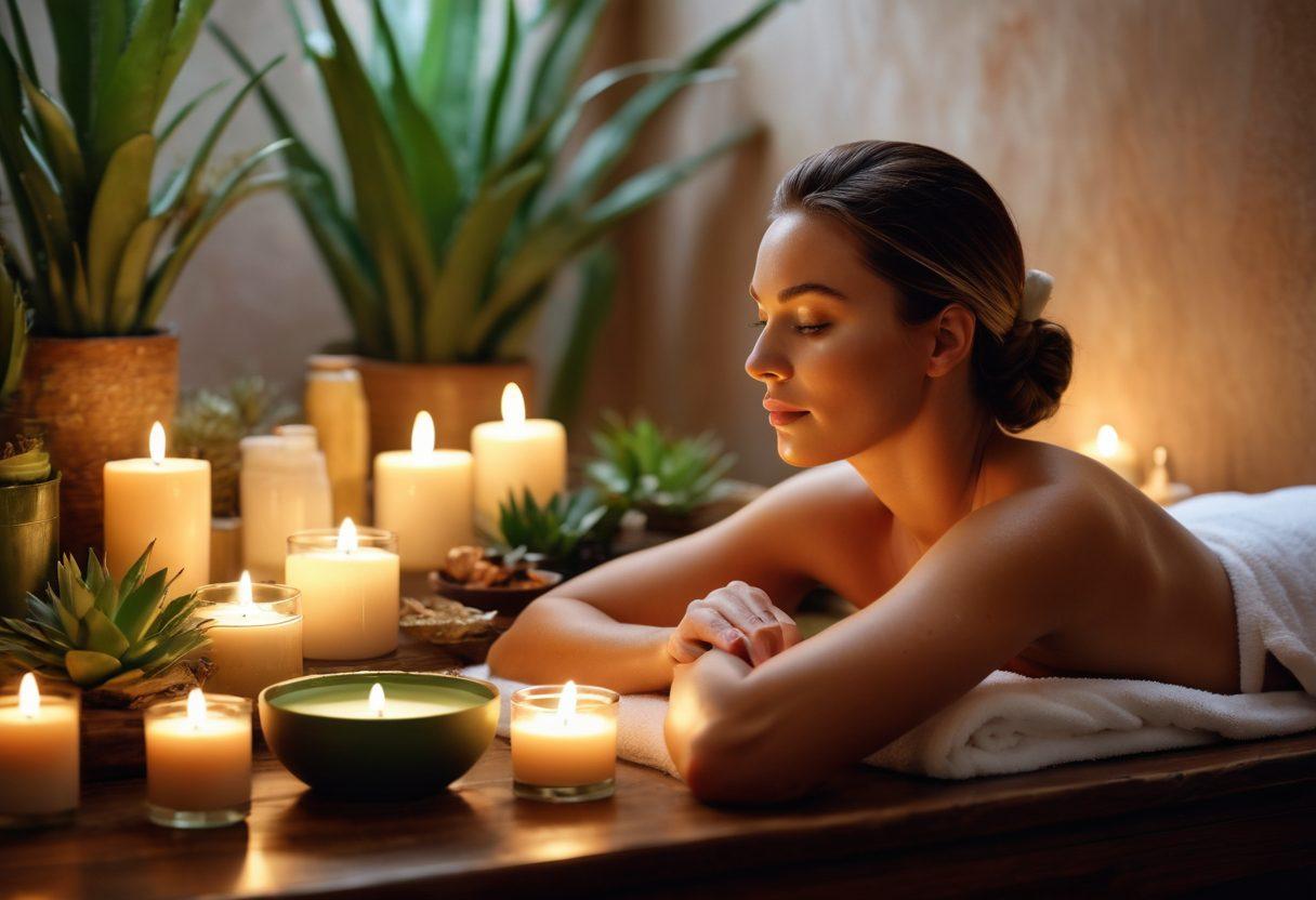 A serene spa setting featuring a woman with glowing skin, surrounded by natural ingredients like aloe vera and botanicals. Soft, warm light enhances the atmosphere, with calming elements like candles and lush greenery in the background. Include a hint of luxury with elegant skincare products displayed artfully. The overall vibe should be inviting and rejuvenating. super-realistic. vibrant colors. soft focus.