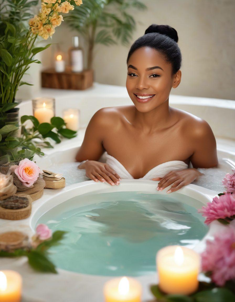 A serene spa setting showcasing glowing skin care products from Aloette, surrounded by natural elements like flowers and herbal ingredients. A diverse group of women enjoying holistic beauty treatments, with radiant smiles and soft, illuminated skin. The ambiance is calming with gentle lighting and soothing colors, evoking a sense of wellness and tranquility. super-realistic. vibrant colors. peaceful atmosphere.